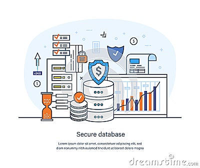 Secure database business data protection technology and cloud network security Vector Illustration