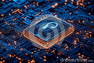 Secure Digital Data Protection Cyber Security Chip with glowing padlock on Circuit Board Stock Photo