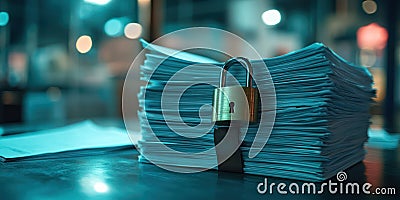 Secure Documents: A Closeup Shot with Padlock on Table. High-Resolution, Detailed Image Symbolizing Data Protection. Sho Stock Photo