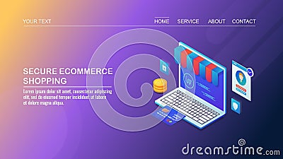 Secure ecommerce shopping, secure online payment, computer cyber security, customer data protection, isometric design concept. Vector Illustration