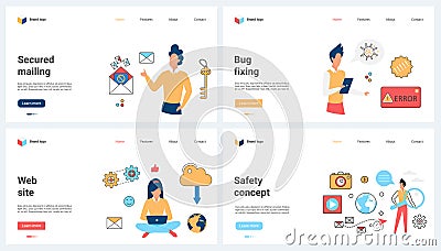 Secure email and cyber security, bug fixing, online antivirus protection and tiny people Vector Illustration