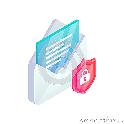 Secure email service isometric icon. Safe Mobile mail, 3d e-mail sign with shield. Private data in social network, sms chat Vector Illustration