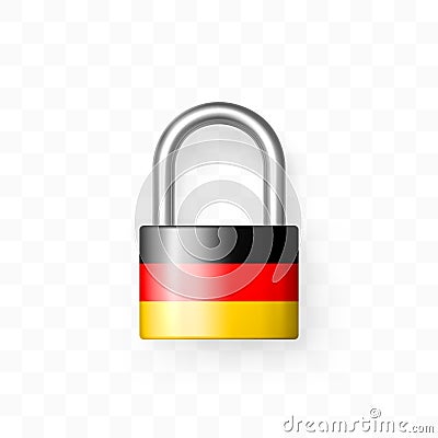 Secure enclosed padlock decorated with the German flag. Isolated object on checkered background. Lock icon. Data protection, Vector Illustration