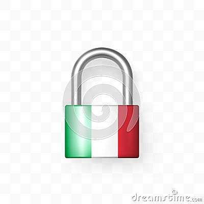 Secure enclosed padlock decorated with Italian flag. Isolated object on checkered background. Lock icon. Data protection, Security Vector Illustration