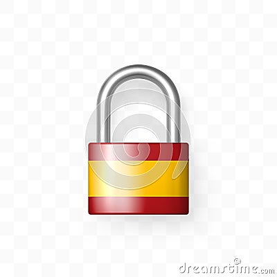 Secure enclosed padlock decorated with the Spain flag. Isolated object on checkered background. Lock icon. Data protection, Vector Illustration