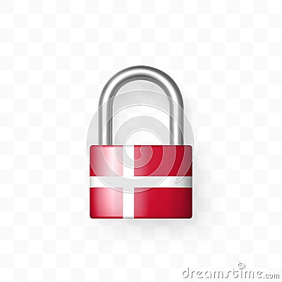 Secure enclosed padlock with the image of the flag of Denmark. Isolated on checkered background. Lock icon. Data protection, Vector Illustration