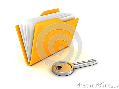 Secure files concept. Document Folder with Key Cartoon Illustration