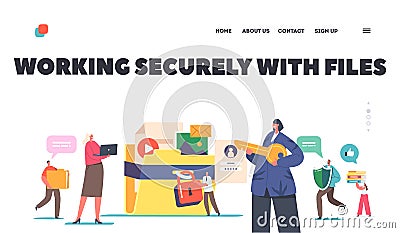 Secure Files, Data and Document Protection Landing Page Template. Tiny Characters with Huge Video, Photo, Folder, Shield Vector Illustration