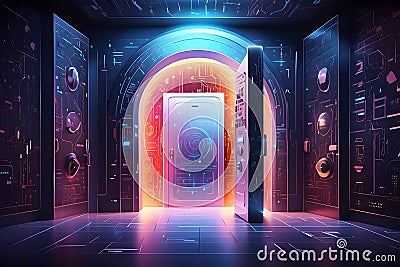Secure Globe: A 3D holographic globe surrounded by layers of transparent,cyber security Stock Photo