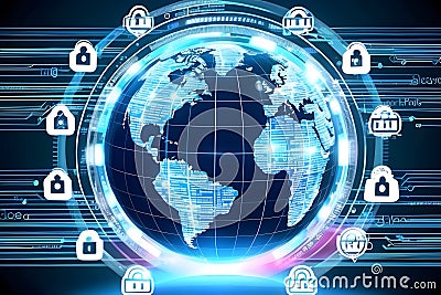 Secure Globe: A 3D holographic globe surrounded by layers of transparent,cyber security Stock Photo