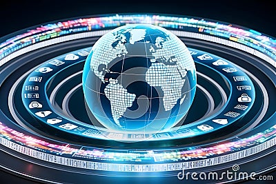 Secure Globe: A 3D holographic globe surrounded by layers of transparent,cyber security Stock Photo