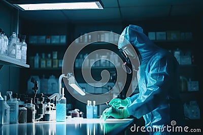 In a Secure High Level Laboratory Scientists in a Coverall Conducting a Research Generative AI Stock Photo