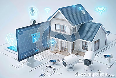 Secure home environments utilize IP cameras for connected security, with CCTV systems safeguarding privacy through synchronized se Cartoon Illustration