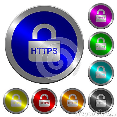 Secure https protocol luminous coin-like round color buttons Stock Photo