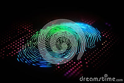 Secure Identity Illuminated Neon Fingerprint Symbolizing Identification and Cyber Security.. created with Generative AI Stock Photo