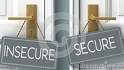 Secure or insecure as a choice in life - pictured as words insecure, secure on doors to show that insecure and secure are Cartoon Illustration
