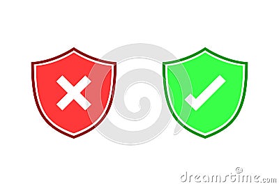 Secure and insecure symbol. right and wrong sign. Correct and incorrect mark. Cross and check mark on red and green shield vector. Stock Photo