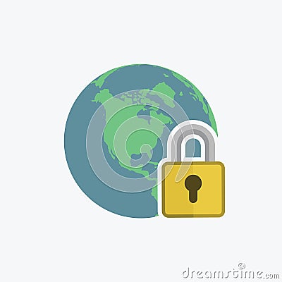 Secure internet icon. Globe with padlock sign. Secure global network symbol Vector Illustration