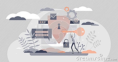 Secure internet usage with password security shield tiny persons concept Vector Illustration