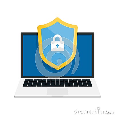 Secure laptop locked. Privacy policy, safety lock and data protection concept Vector Illustration