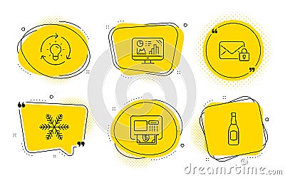 Secure mail, Analytics graph and Idea icons set. Atm, Snowflake and Beer signs. Vector Vector Illustration