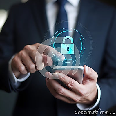 Secure Mobile Access: A Businessperson Utilizing Smartphone Security Features Stock Photo