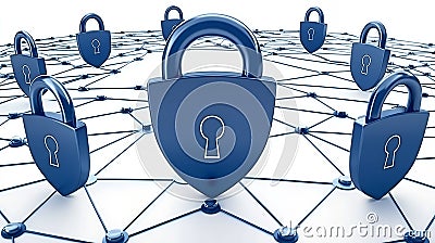 Secure Network Data Protection Padlock Icons on Interconnected Nodes Stock Photo