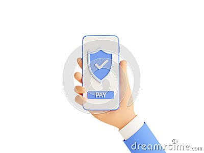 Secure online payment 3d render illustration with human hand holding mobile phone with shield and pay button. Cartoon Illustration