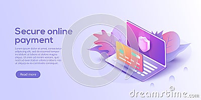 Secure online payment for e-commerce isometric vector illustration. Money transfer via Internet concept with laptop and credit ca Vector Illustration