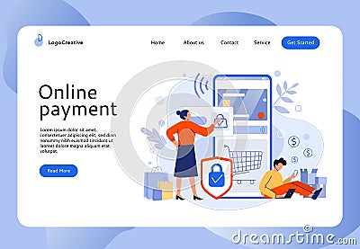 Secure online payment. People buy in mobile store, online shopping and easy website bank card payments vector Vector Illustration