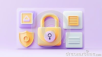 Secure padlock icon with various digital security elements displayed Stock Photo