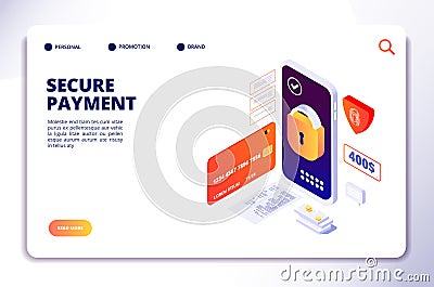 Secure payment isometric concept. Mobile online security cash payments, smartphone banking protection app. Landing Vector Illustration