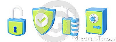 Secure and personal data and earnings safety 3d render set - protecting and securely storing users personal data. Stock Photo