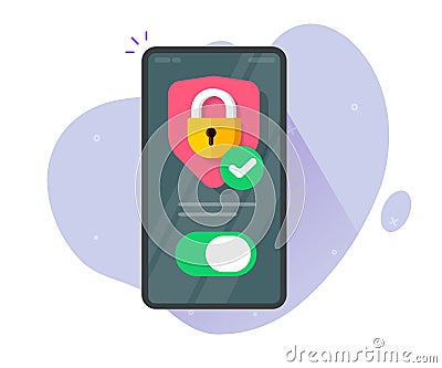 Secure phone mobile protection antivirus verification shield vector icon, cellphone fraud and scam spam lock guard defence flat Vector Illustration