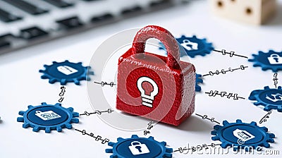 Secure red padlock symbolizing data protection and cybersecurity, surrounded by gears and icons representing technology and Stock Photo
