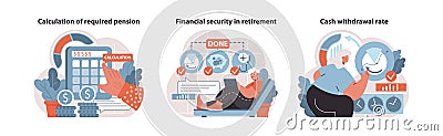 Secure Retirement set. Strategic pension calculation. Cartoon Illustration