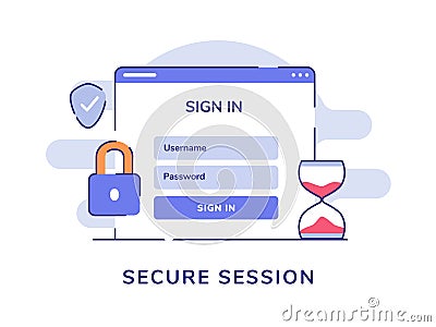 Secure session concept sign in user name password computer padlock shield white isolated background with flat style Vector Illustration