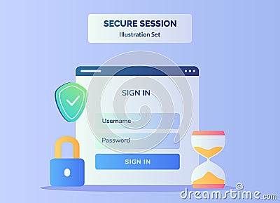 Secure session illustration set display ui on computer screen for sign in user name password background of shield Vector Illustration