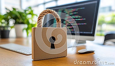 Secure Software Development Code on Computer Screen, Padlock Symbol, and Blurred Background Stock Photo