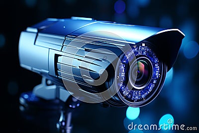 Secure surroundings, White glossy security cameras with hologram glow, wide banner Stock Photo