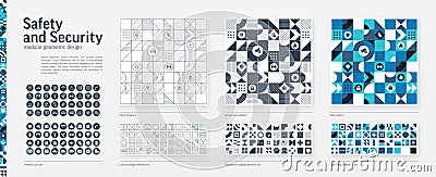 Secure System, Safety Modular Geometric Design. Thin Line, Black, White and Color style Pattern. Data Privacy Graphic Vector Illustration