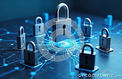 Secure tech network. Illustration shows digital security system with multiple padlocks. Safe cyberspace concept. Network Cartoon Illustration
