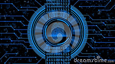 Secure technology concept - fingerprint binary code hud connecting lines - graphic elements in blue on dark dotted background Stock Photo