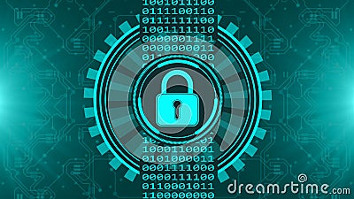Secure technology concept - padlock binary code hud - graphic elements in turquoise on blurred background as circuit board Stock Photo