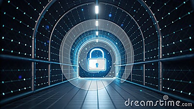 Secure tunnel depicting a lock and data packet traveling through highlighting data protection concepts Stock Photo