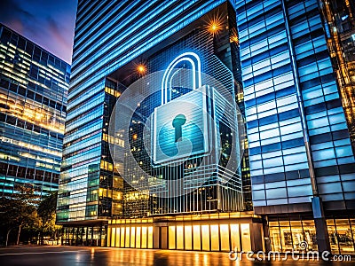 Secure Urban Architecture Illuminated Lock Graphic Depicts Advanced Digital Security Systems Protecting Modern Stock Photo