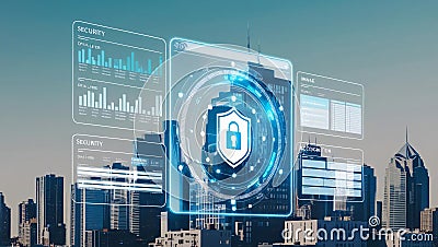Secure urban environment with holographic security monitoring dashboard displaying data layers and image recognition features Stock Photo