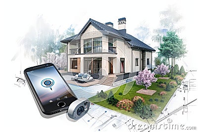 Secure your urban home with dual alert system integration, employing reliable network security technology and wireless protocols f Cartoon Illustration