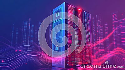 Secured data server with glowing lock icons, representing cyber security, data protection, and encrypted communication Stock Photo