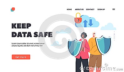 Secured Database Landing Page Template. Guards Characters Holding Shields Protect Server Room Or Hard Disks Vector Illustration